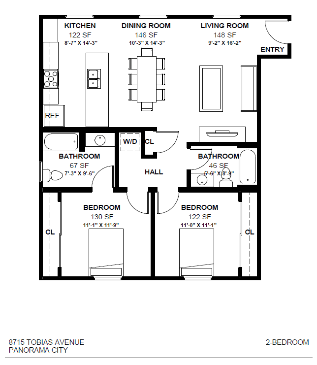 A black and white image of a 2-bedroom apartment layout.